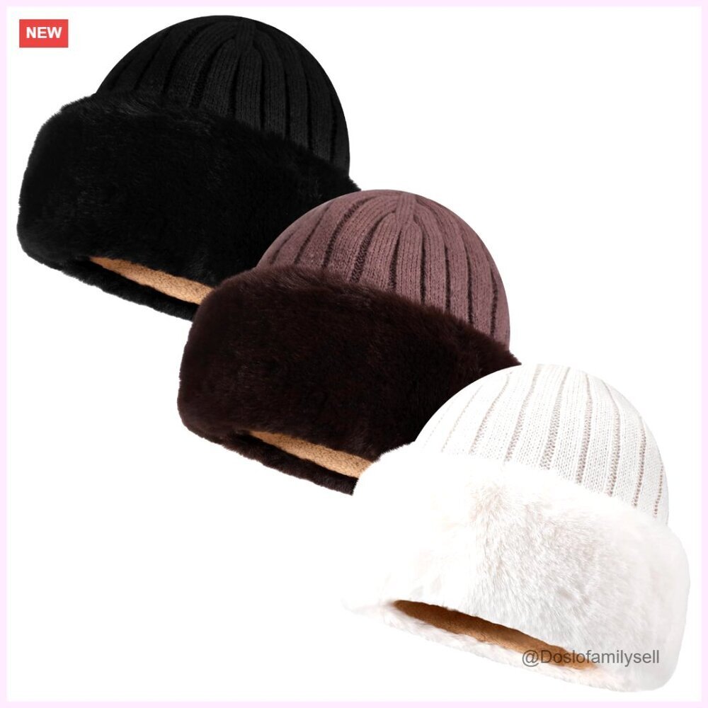 3-Pack Winter Faux Fur Knit Hats Stretch Cuffed Skull Caps Warm